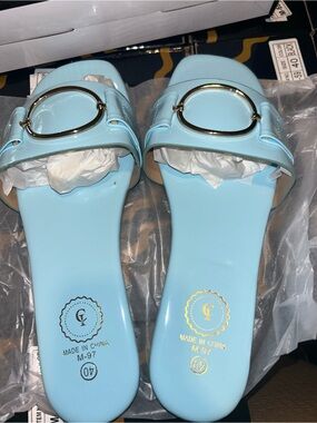 Light Blue Slip-On Mules with Gold Ring Accent